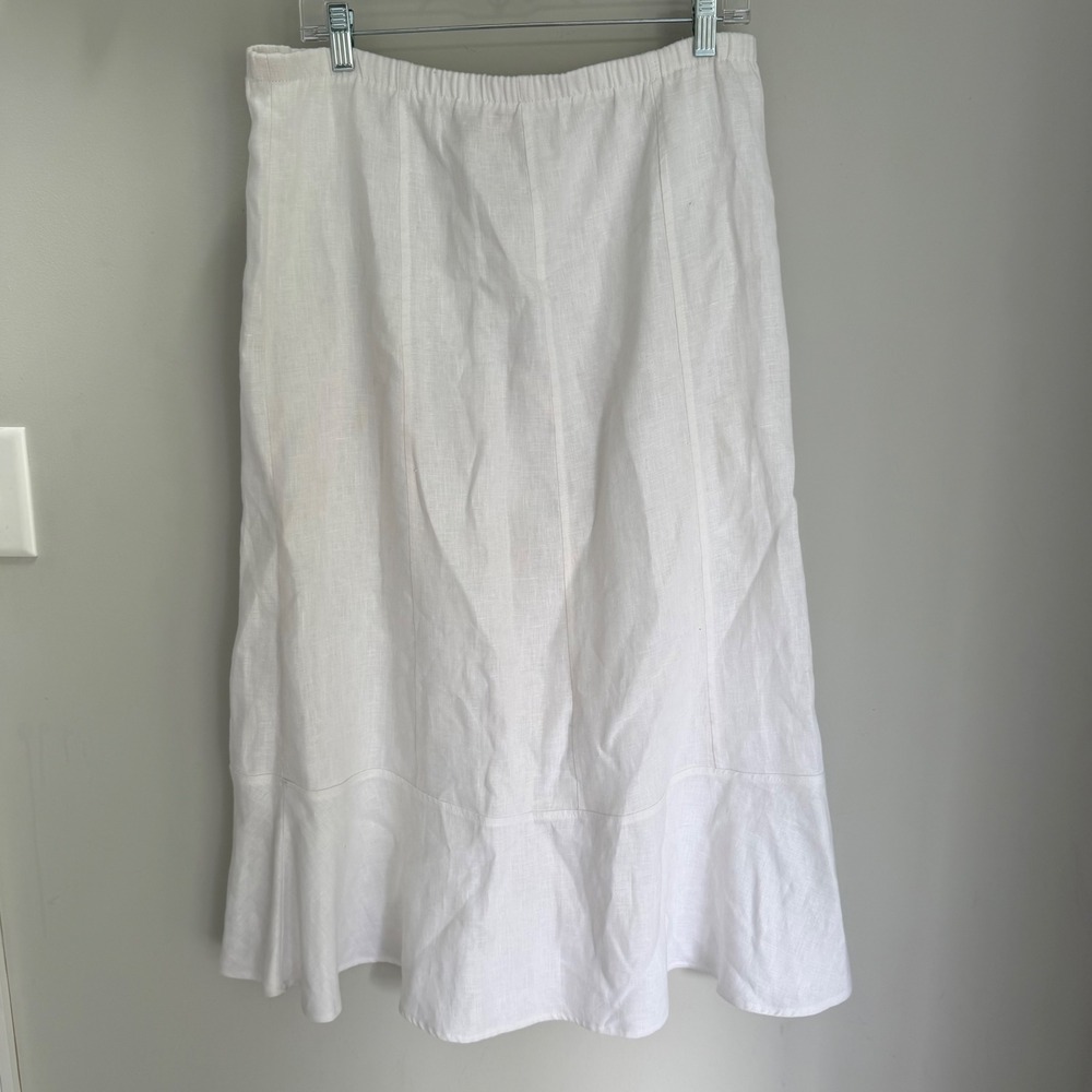 Vintage Weekend Choices White 100% Linen Midi Skirt Pull On Tulip Hem Small